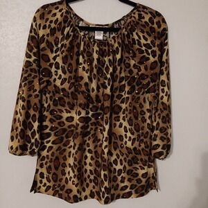 Cathy Daniels Women's Blouse  Sz.S Animal Print w/ Sequins 3/4 Sleeve